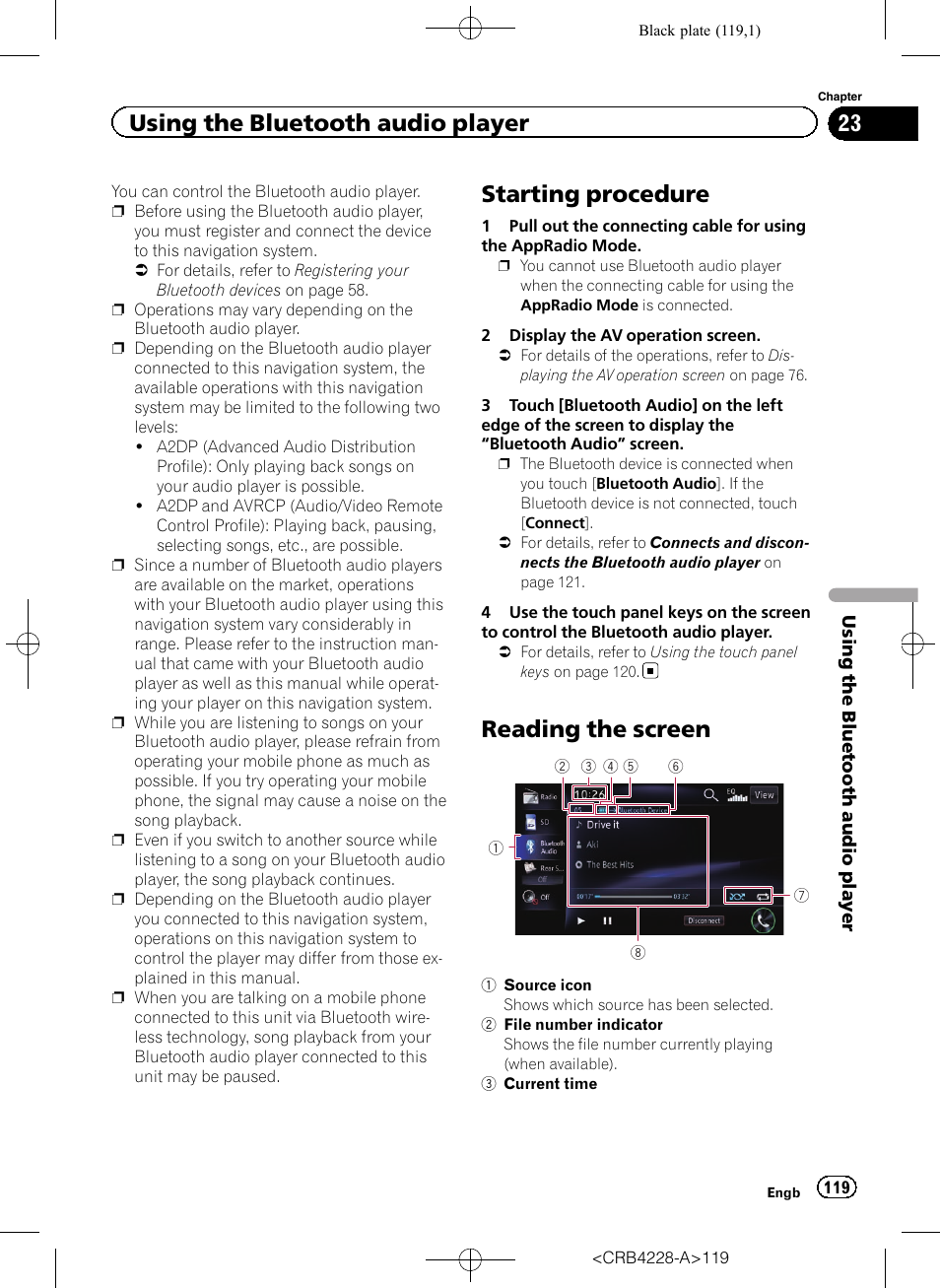 Reading the screen, Starting procedure, Using the bluetooth audio player | Pioneer AVIC-F850BT User Manual | Page 119 / 208