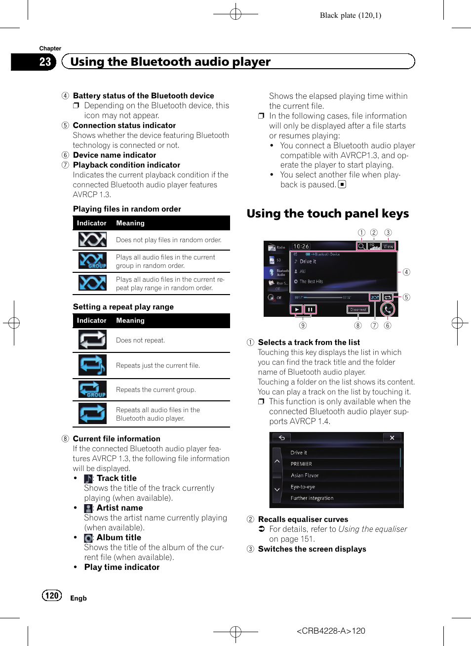 Using the touch panel keys, Using the touch panel, 23 using the bluetooth audio player | Pioneer AVIC-F850BT User Manual | Page 120 / 208
