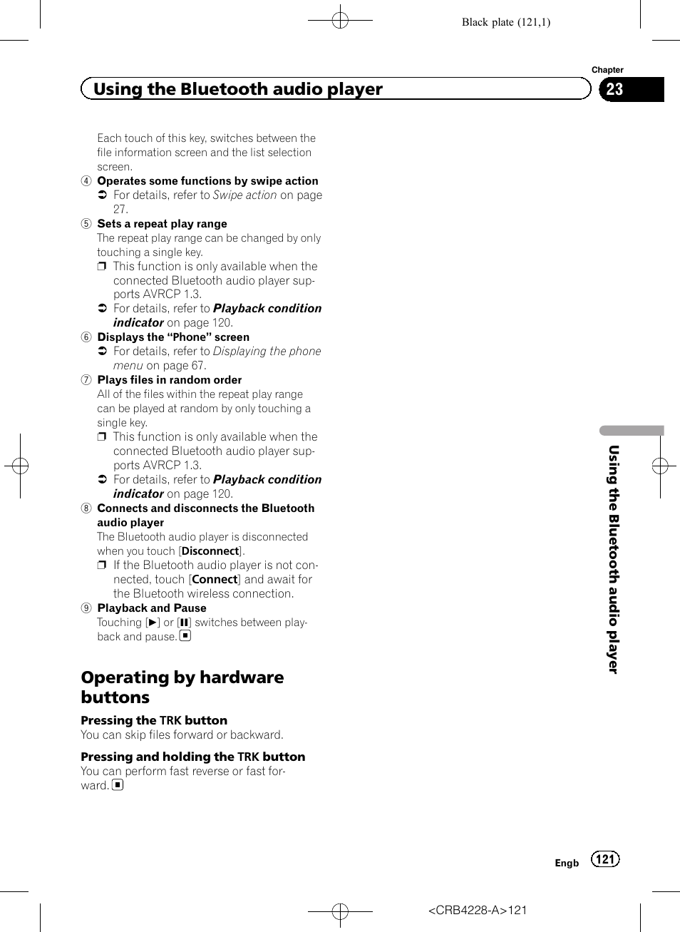 Operating by hardware buttons, Connects and discon, Using the bluetooth audio player | Pioneer AVIC-F850BT User Manual | Page 121 / 208