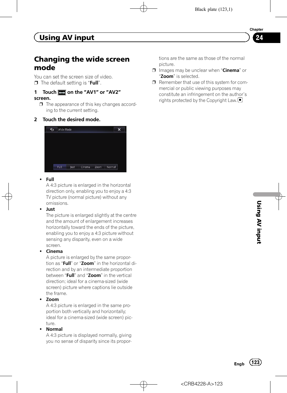 Changing the wide screen mode, Changing the wide, Using av input | Pioneer AVIC-F850BT User Manual | Page 123 / 208