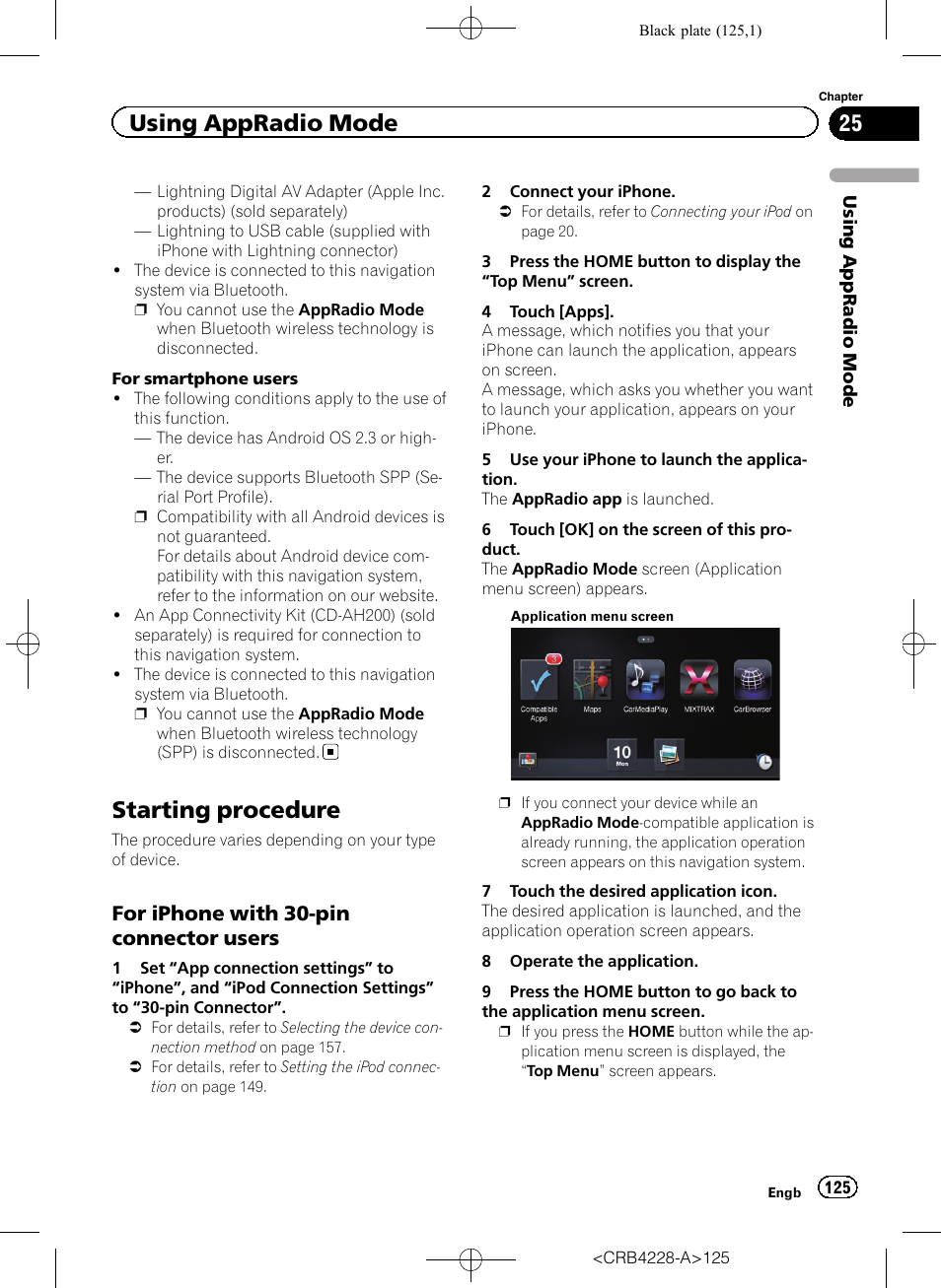 Starting procedure, For iphone with 30-pin connector, Users | Chapter 25, Using appradio mode, For iphone with 30-pin connector users | Pioneer AVIC-F850BT User Manual | Page 125 / 208
