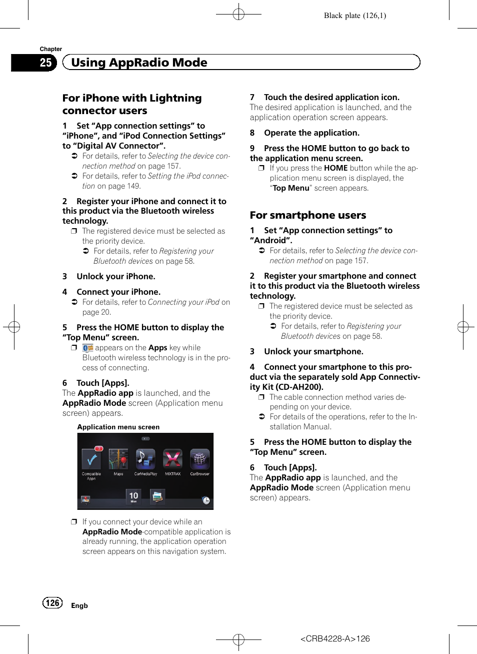 For iphone with lightning connector, Users, For smartphone users 126 | 25 using appradio mode, For iphone with lightning connector users, For smartphone users | Pioneer AVIC-F850BT User Manual | Page 126 / 208