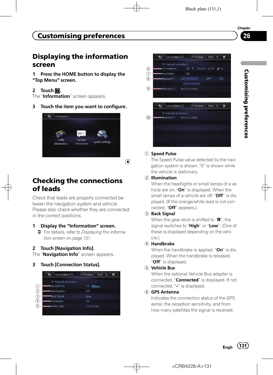 Checking the connections of leads, Displaying the information screen, Customising preferences | Pioneer AVIC-F850BT User Manual | Page 131 / 208