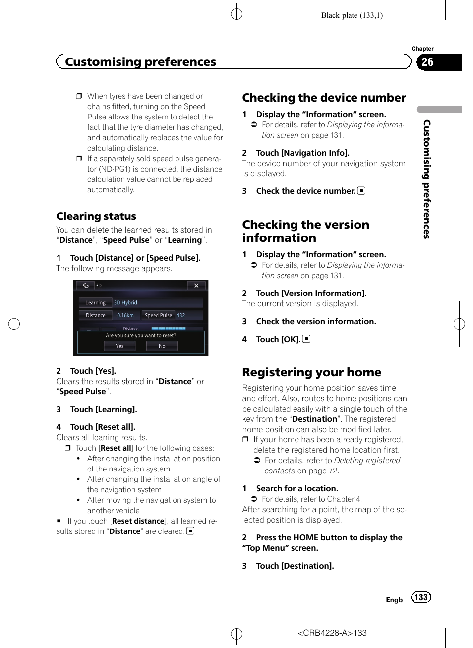 Clearing status 133, Checking the device number, Checking the version information | Registering your home, Registering your, Customising preferences, Clearing status | Pioneer AVIC-F850BT User Manual | Page 133 / 208