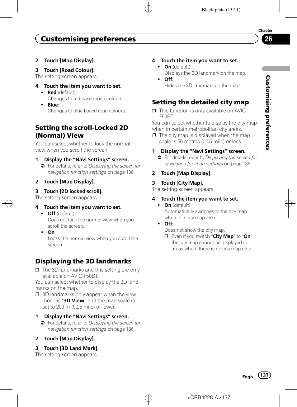 Setting the scroll-locked 2d (normal), View, Displaying the 3d landmarks 137 | Setting the detailed city map 137, Customising preferences, Setting the scroll-locked 2d (normal) view, Displaying the 3d landmarks, Setting the detailed city map | Pioneer AVIC-F850BT User Manual | Page 137 / 208