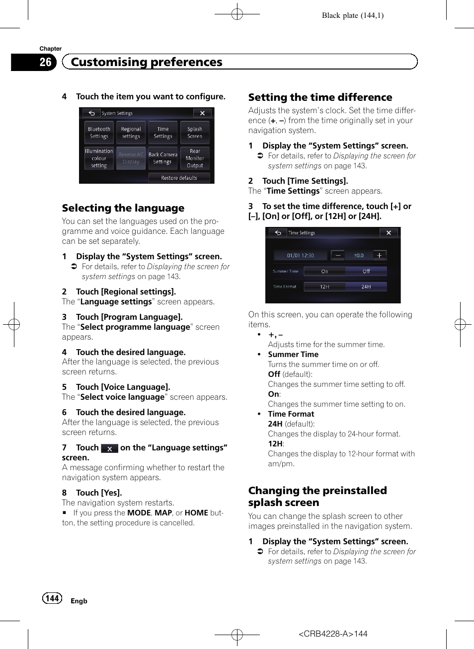 Selecting the language 144, Setting the time difference 144, Changing the preinstalled splash | Screen, Setting the time difference, 26 customising preferences, Selecting the language, Changing the preinstalled splash screen | Pioneer AVIC-F850BT User Manual | Page 144 / 208