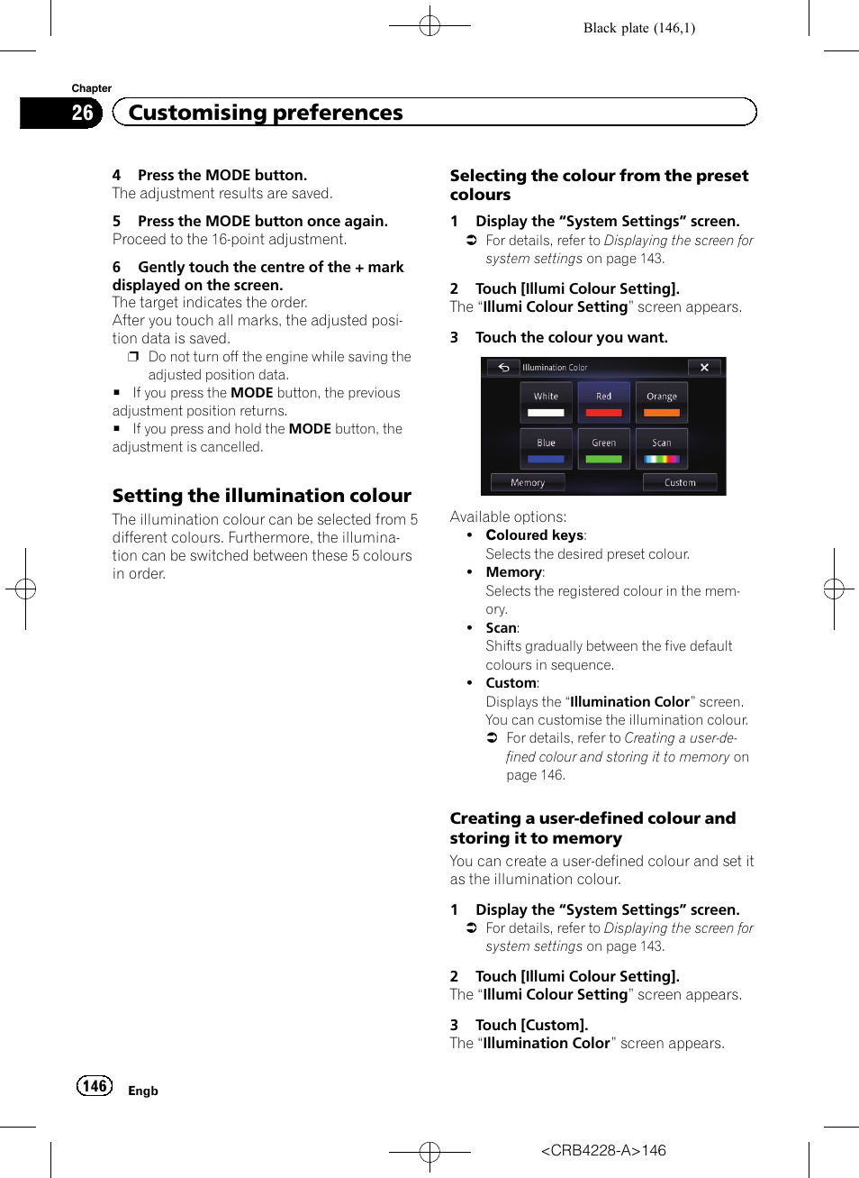 Setting the illumination colour 146, 26 customising preferences, Setting the illumination colour | Pioneer AVIC-F850BT User Manual | Page 146 / 208