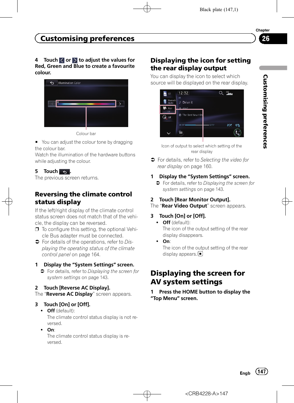 Reversing the climate control status, Display, Displaying the icon for setting the rear | Display output, Displaying the screen for av system, Settings, Displaying the screen for av system settings, Customising preferences, Reversing the climate control status display | Pioneer AVIC-F850BT User Manual | Page 147 / 208