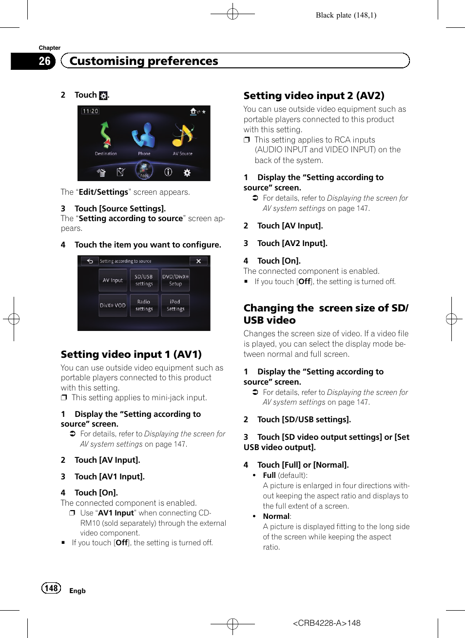 Setting video input 1 (av1) 148, Setting video input 2 (av2) 148, Changing the screen size of sd/usb | Video, Setting video input 1, Setting video input 2, 26 customising preferences, Setting video input 1 (av1), Setting video input 2 (av2), Changing the screen size of sd/ usb video | Pioneer AVIC-F850BT User Manual | Page 148 / 208