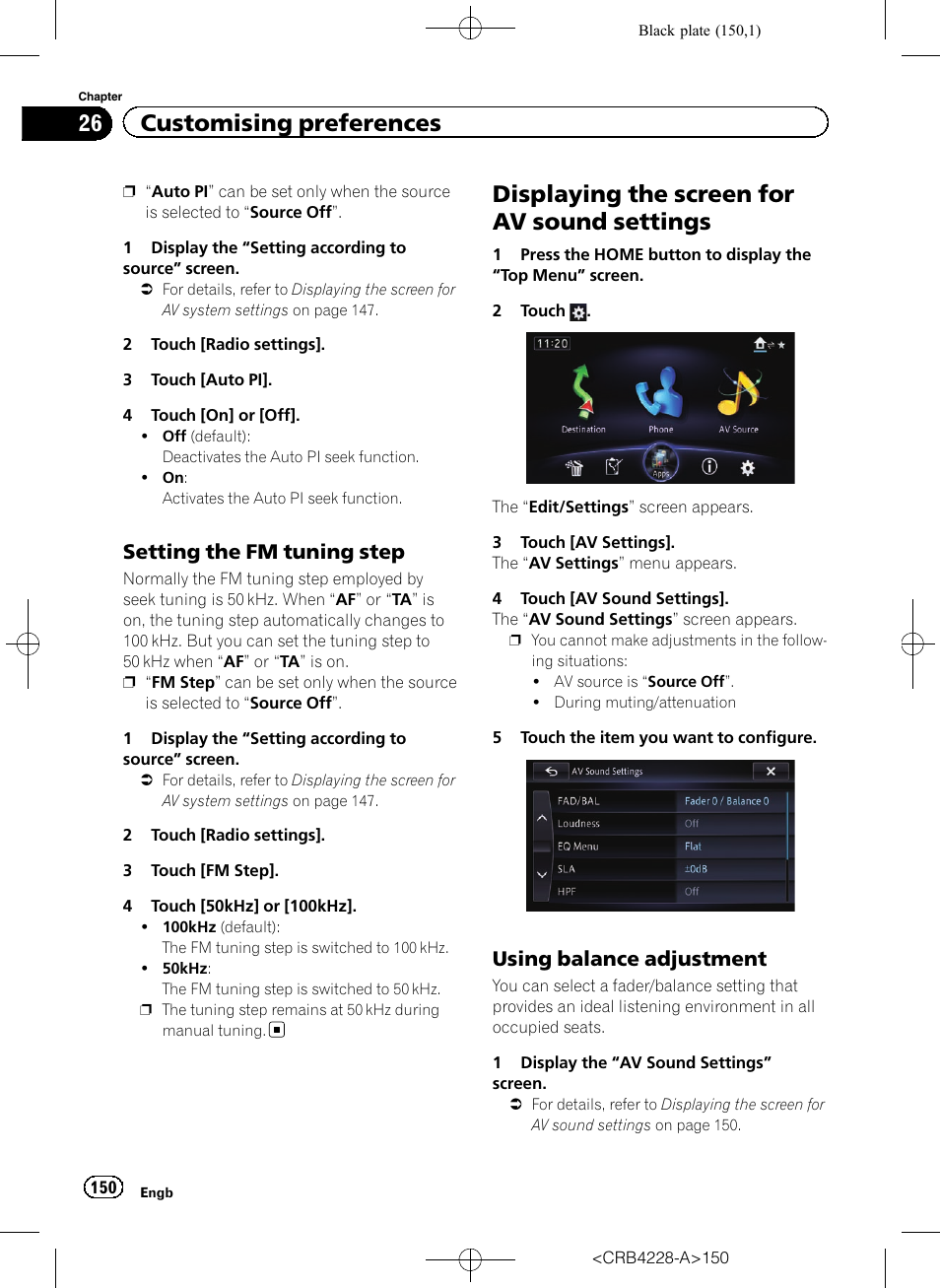 Setting the fm tuning step 150, Displaying the screen for av sound, Settings | Using balance adjustment 150, Displaying the screen for av sound settings, 26 customising preferences, Setting the fm tuning step, Using balance adjustment | Pioneer AVIC-F850BT User Manual | Page 150 / 208