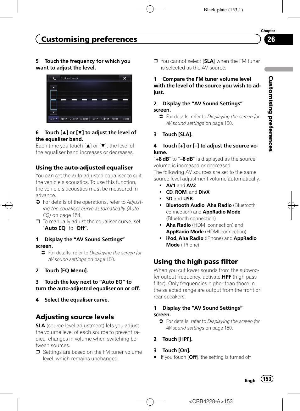 Adjusting source levels 153, Using the high pass filter 153, Using the auto-ad | Customising preferences, Adjusting source levels, Using the high pass filter | Pioneer AVIC-F850BT User Manual | Page 153 / 208