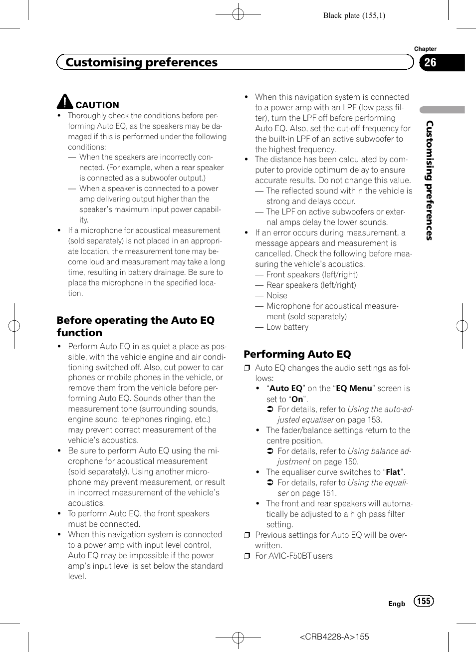 Before operating the auto eq, Function, Performing auto eq 155 | Customising preferences, Before operating the auto eq function, Performing auto eq | Pioneer AVIC-F850BT User Manual | Page 155 / 208