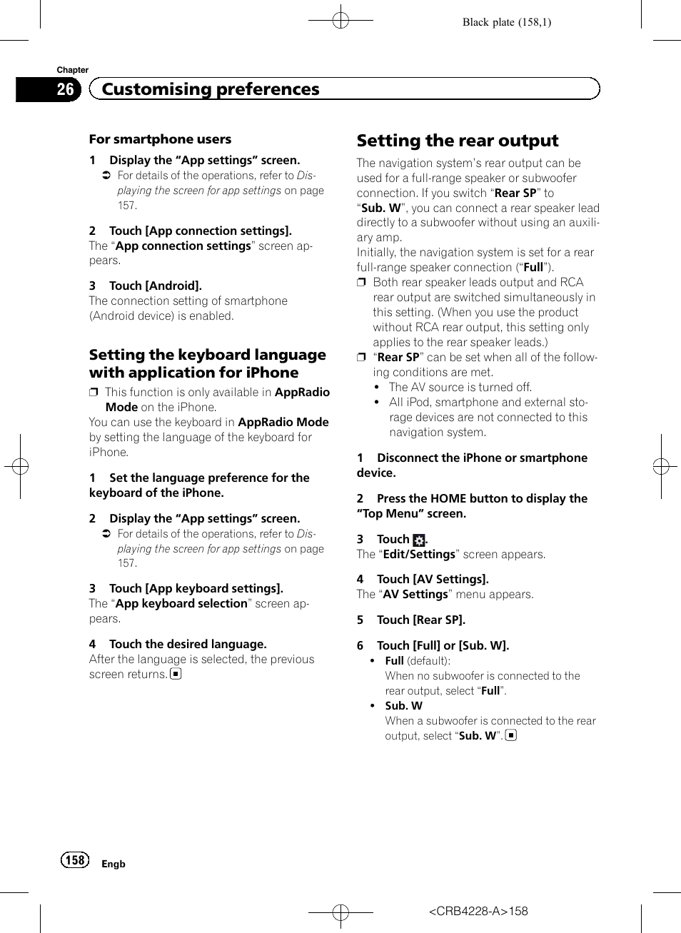 Setting the keyboard language with, Application for iphone, Setting the rear output | Setting, 26 customising preferences | Pioneer AVIC-F850BT User Manual | Page 158 / 208