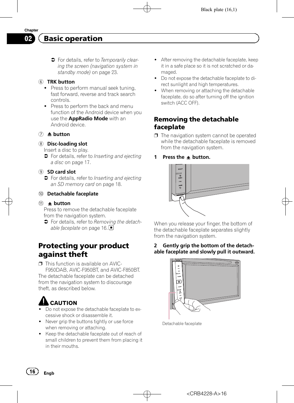 Protecting your product against theft, Removing the detachable, Faceplate | 02 basic operation, Removing the detachable faceplate | Pioneer AVIC-F850BT User Manual | Page 16 / 208