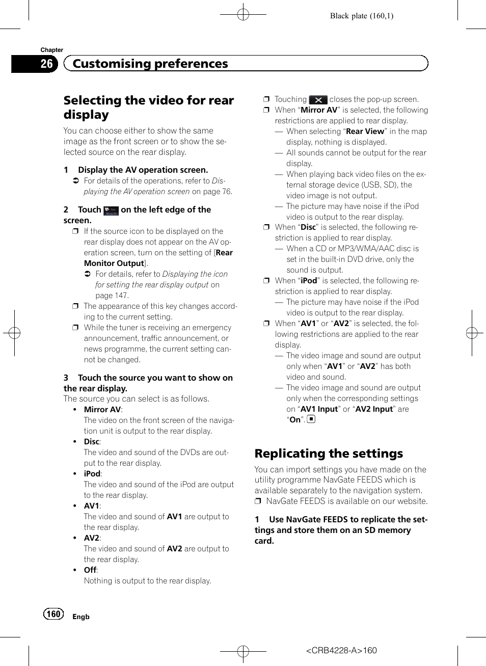 Selecting the video for rear display, Replicating the settings, Selecting the video for | Select, 26 customising preferences | Pioneer AVIC-F850BT User Manual | Page 160 / 208