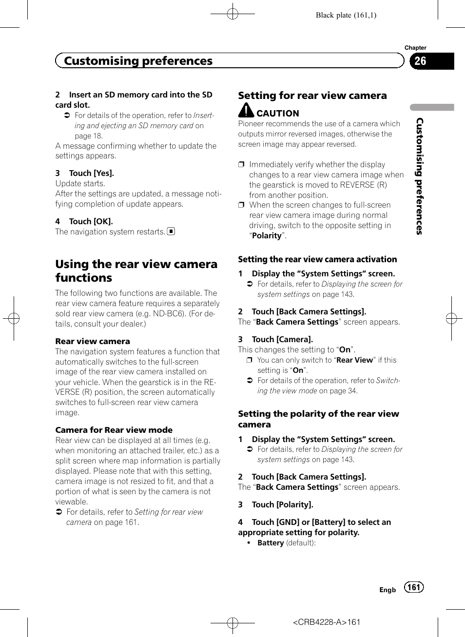 Using the rear view camera functions, Setting for rear view camera 161, Setting for rear view | Customising preferences, Setting for rear view camera | Pioneer AVIC-F850BT User Manual | Page 161 / 208