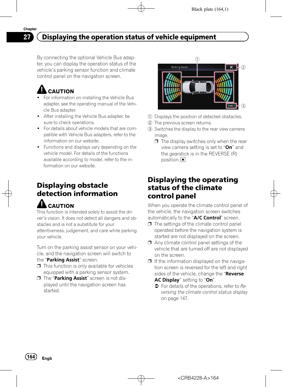 Information, Displaying the operating status of the climate, Control panel | Displaying obstacle detection information | Pioneer AVIC-F850BT User Manual | Page 164 / 208