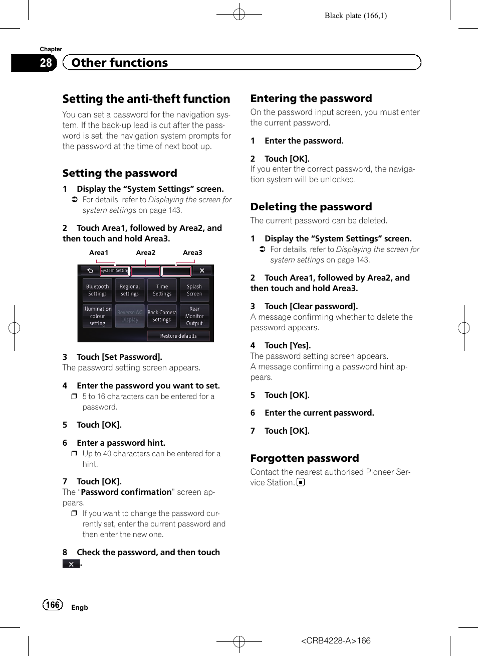 Other functions setting the anti-theft function, Setting the password 166, Entering the password 166 | Deleting the password 166, Forgotten password 166, Setting the anti-theft function, 28 other functions, Setting the password, Entering the password, Deleting the password | Pioneer AVIC-F850BT User Manual | Page 166 / 208