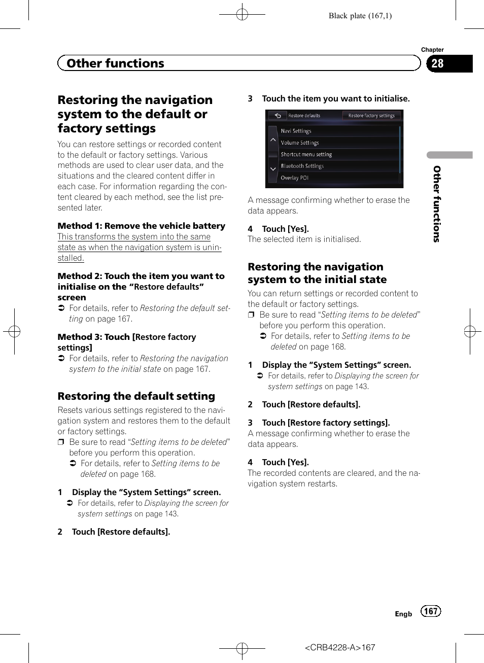 Restoring the navigation system to the, Default or factory settings, Restoring the default setting 167 | Initial state, Other functions, Restoring the default setting | Pioneer AVIC-F850BT User Manual | Page 167 / 208
