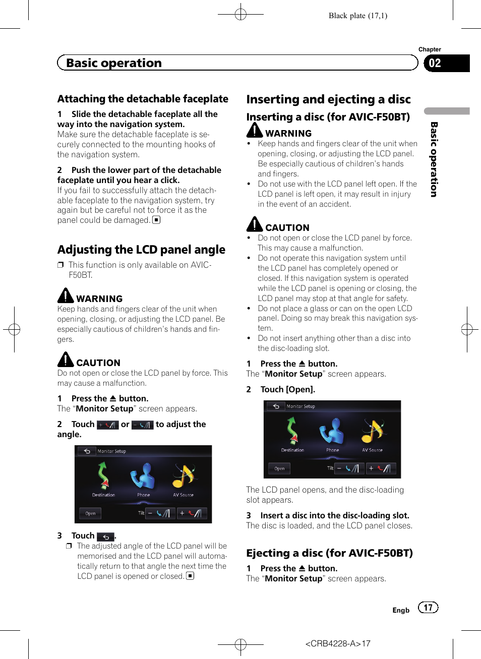 Attaching the detachable faceplate 17, Adjusting the lcd panel angle, Inserting and ejecting a disc | Inserting a disc (for avic-f50bt) 17, Ejecting a disc (for avic-f50bt) 17, Inserting and ejecting, Basic operation, Attaching the detachable faceplate, Inserting a disc (for avic-f50bt), Ejecting a disc (for avic-f50bt) | Pioneer AVIC-F850BT User Manual | Page 17 / 208