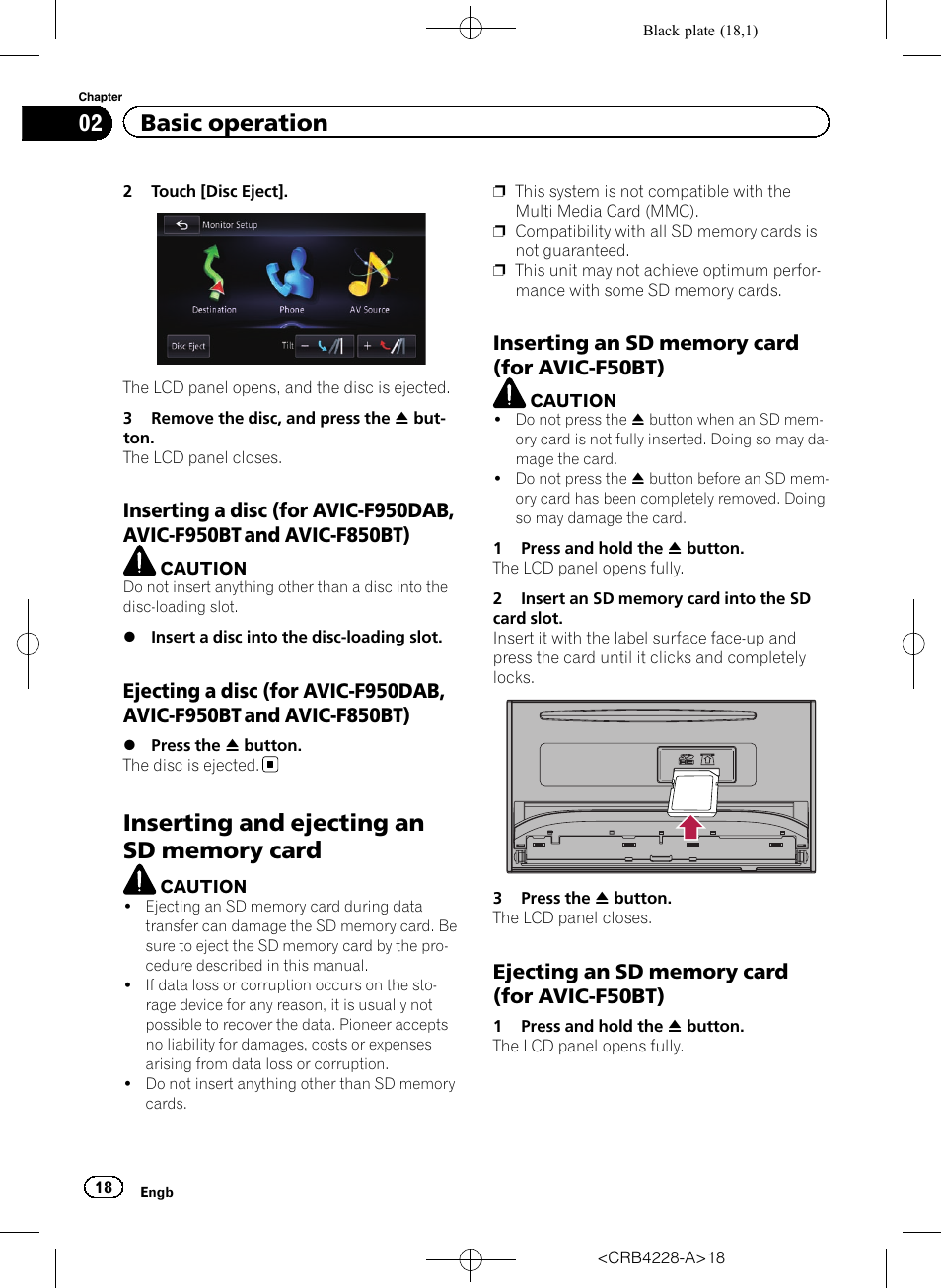 Inserting a disc (for avic-f950dab, Avic-f950bt and avic-f850bt), Ejecting a disc (for avic-f950dab | Inserting and ejecting an sd memory, Card, Inserting an sd memory card (for avic, F50bt), Ejecting an sd memory card (for avic, Inserting and ejecting, 02 basic operation | Pioneer AVIC-F850BT User Manual | Page 18 / 208