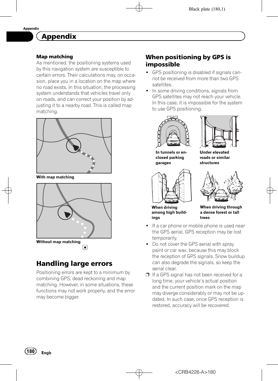 Handling large errors, When positioning by gps is, Impossible | Appendix, When positioning by gps is impossible | Pioneer AVIC-F850BT User Manual | Page 180 / 208