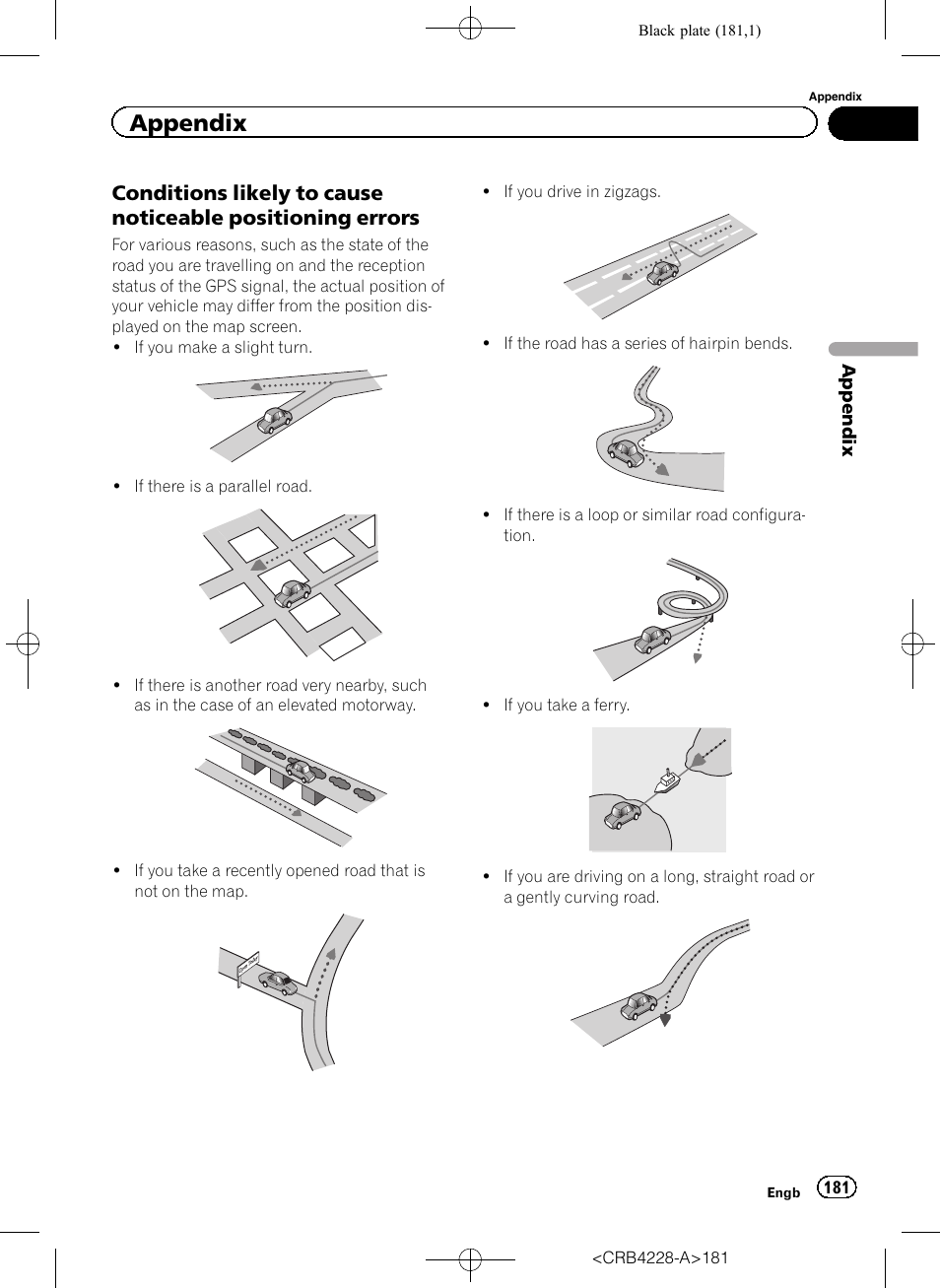 Conditions likely to cause noticeable, Positioning errors, Appendix | Pioneer AVIC-F850BT User Manual | Page 181 / 208