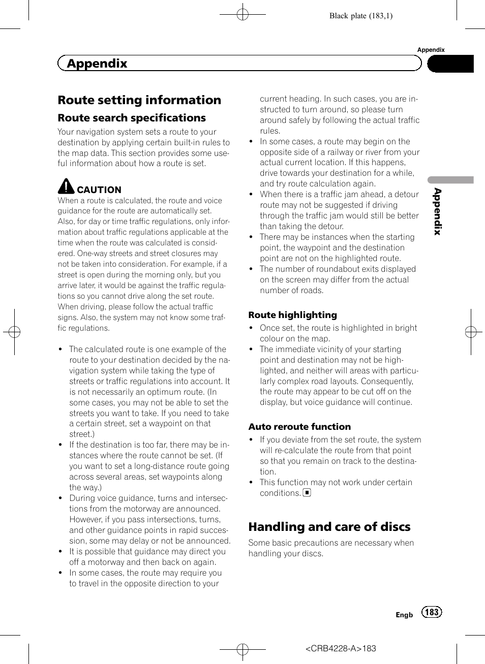 Route setting information, Route search specifications 183, Handling and care of discs | Appendix, Route search specifications | Pioneer AVIC-F850BT User Manual | Page 183 / 208