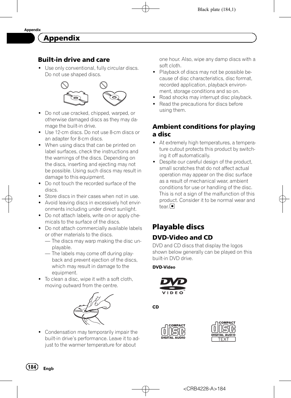 Built-in drive and care 184, Ambient conditions for playing a, Disc | Playable discs, Dvd-video and cd 184, Appendix, Built-in drive and care, Ambient conditions for playing a disc, Dvd-video and cd | Pioneer AVIC-F850BT User Manual | Page 184 / 208