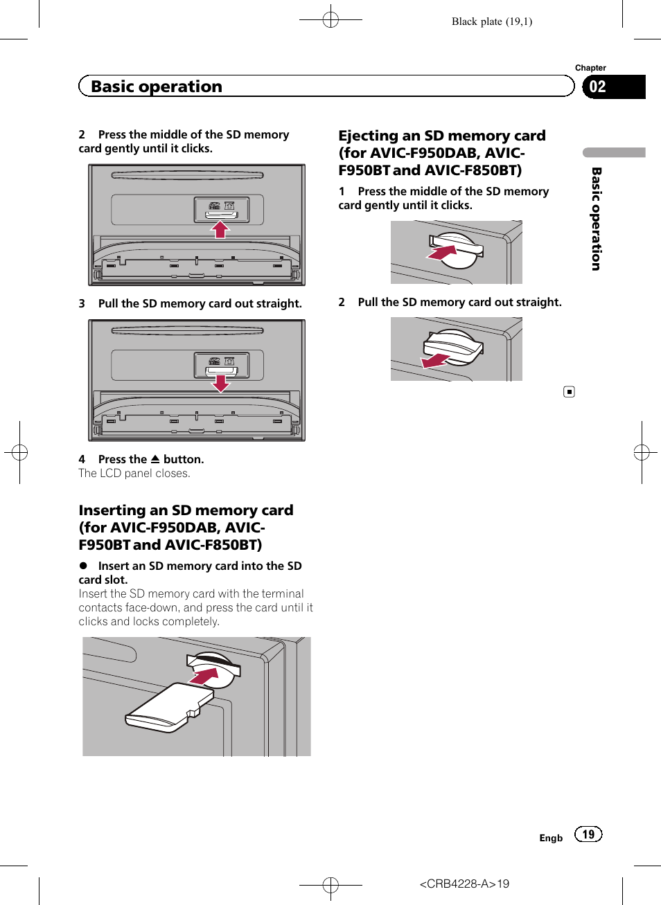 Inserting an sd memory card (for avic, F950dab, avic-f950bt and avic- f850bt), Ejecting an sd memory card (for avic | Basic operation | Pioneer AVIC-F850BT User Manual | Page 19 / 208