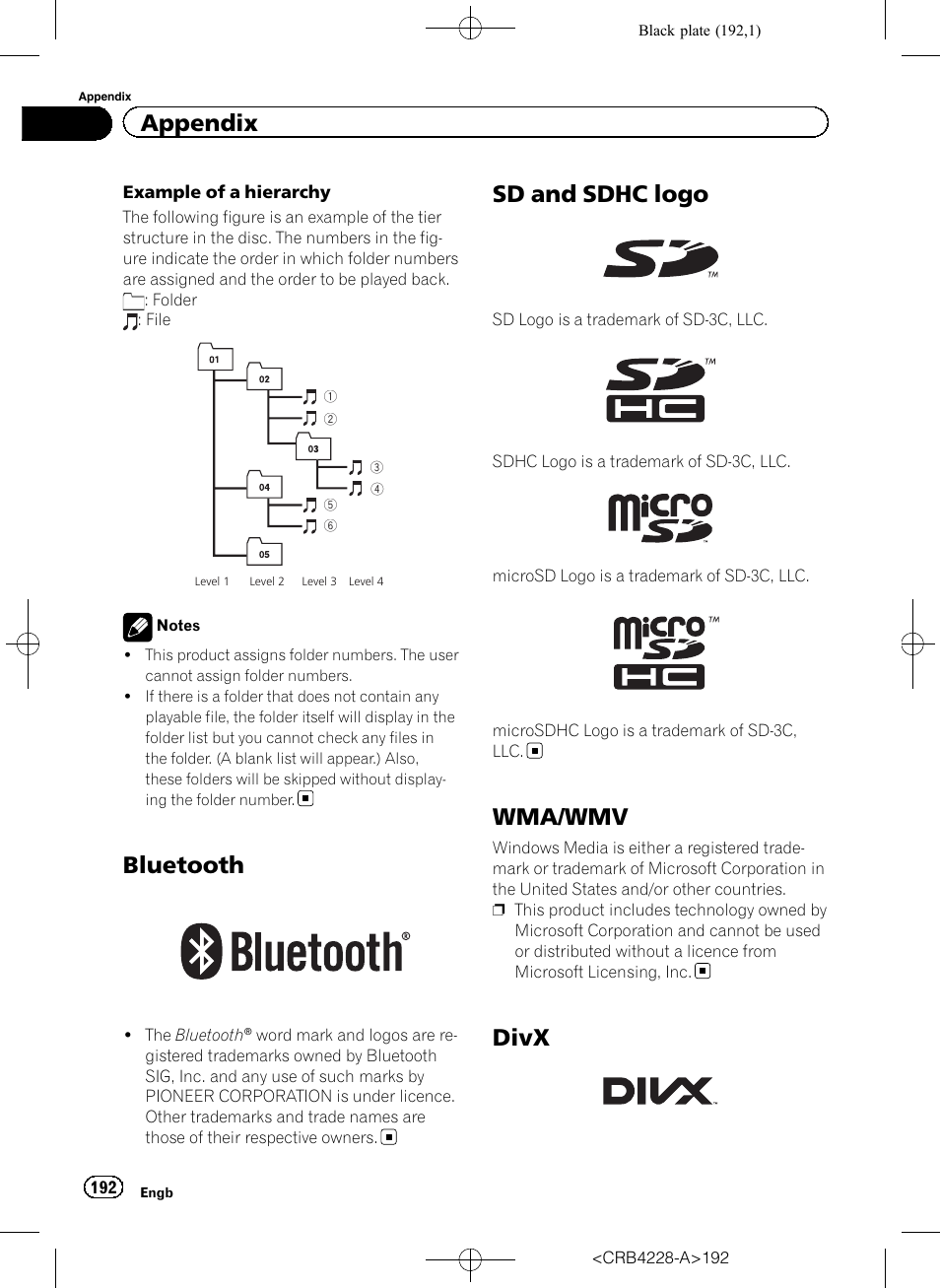 Bluetooth, Sd and sdhc logo, Wma/wmv | Divx, Appendix | Pioneer AVIC-F850BT User Manual | Page 192 / 208