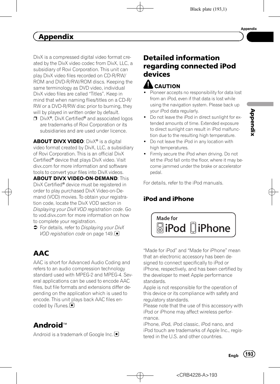 Android, Detailed information regarding connected, Ipod devices | Ipod and iphone 193, Appendix, Ipod and iphone | Pioneer AVIC-F850BT User Manual | Page 193 / 208