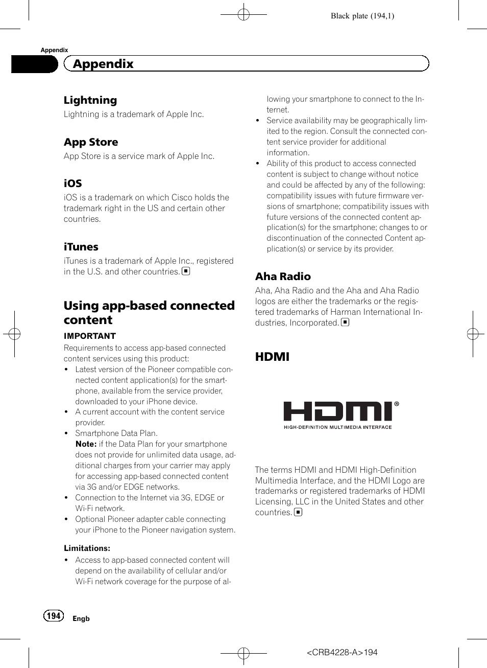 Lightning 194, App store 194, Ios 194 | Itunes 194, Using app-based connected content, Aha radio 194, Hdmi, Using app-based connected, Content, Using app-based con | Pioneer AVIC-F850BT User Manual | Page 194 / 208