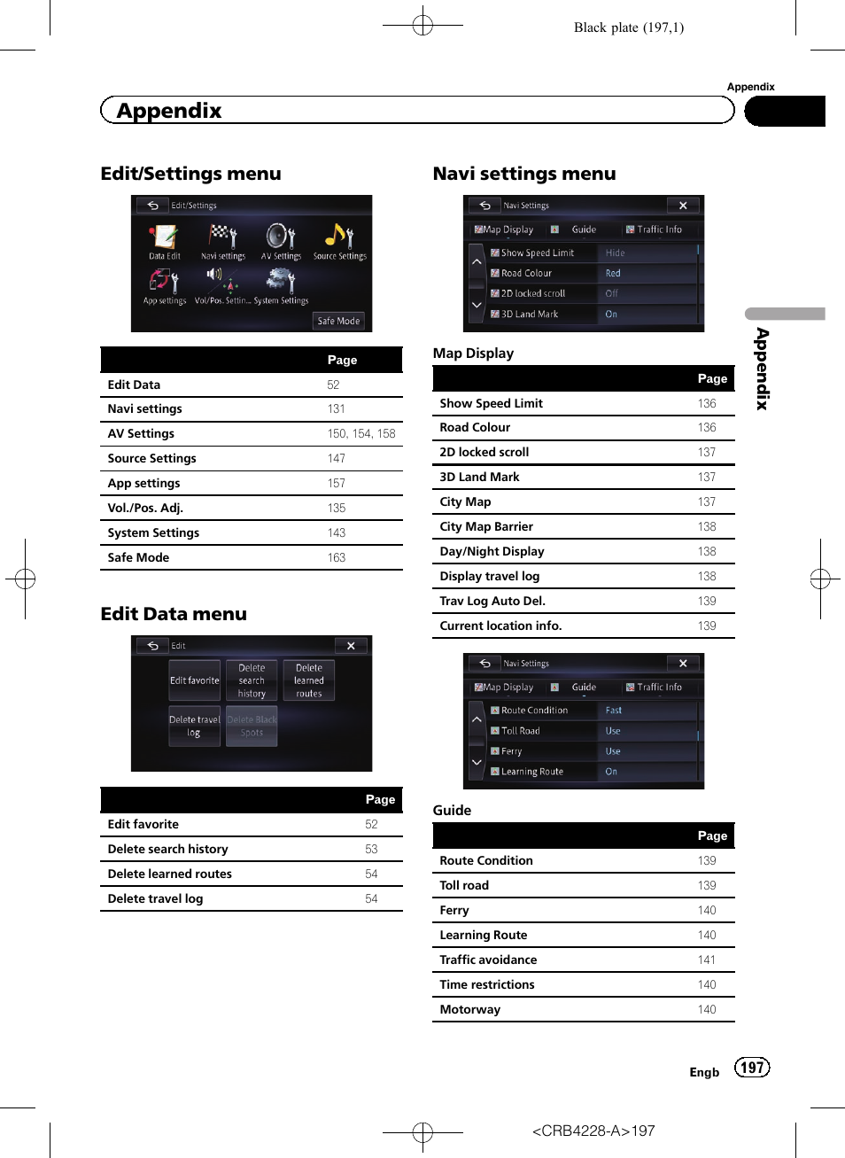 Edit/settings menu 197, Edit data menu 197, Navi settings menu 197 | Edit/settings menu, Edit data menu, Navi settings menu, Appendix | Pioneer AVIC-F850BT User Manual | Page 197 / 208