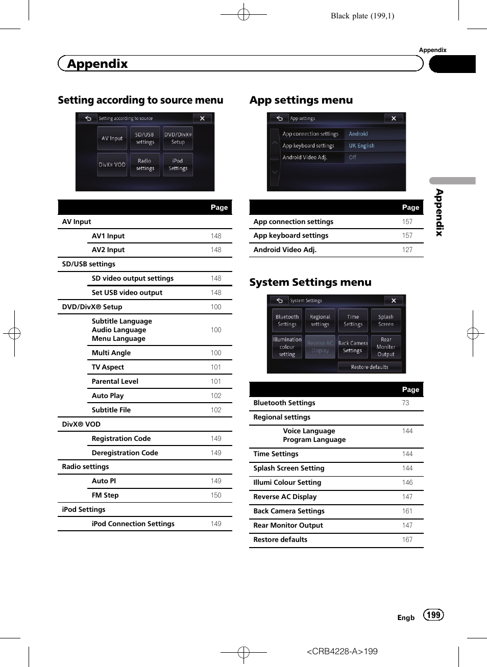 Setting according to source, Menu, App settings menu 199 | System settings menu 199, Setting according to source menu, App settings menu, System settings menu, Appendix | Pioneer AVIC-F850BT User Manual | Page 199 / 208