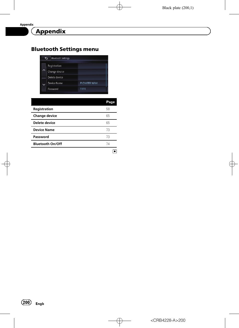 Bluetooth settings menu 200, Appendix, Bluetooth settings menu | Pioneer AVIC-F850BT User Manual | Page 200 / 208