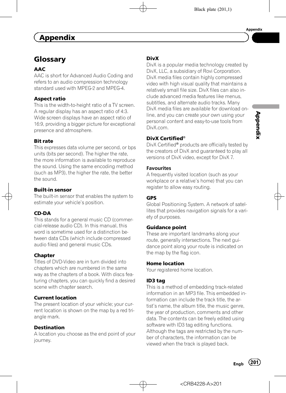 Glossary, Appendix | Pioneer AVIC-F850BT User Manual | Page 201 / 208