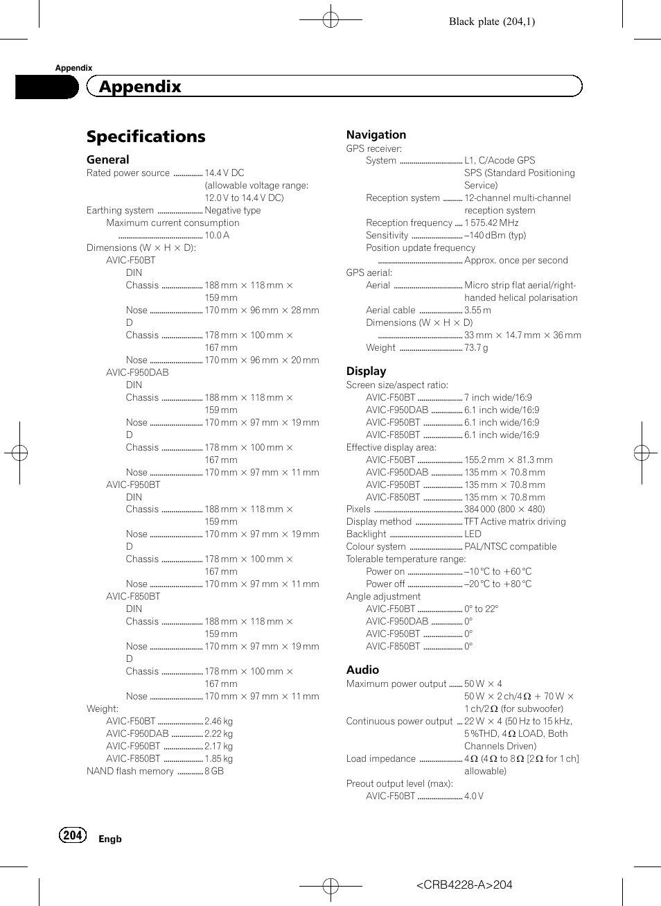 Specifications, Appendix | Pioneer AVIC-F850BT User Manual | Page 204 / 208