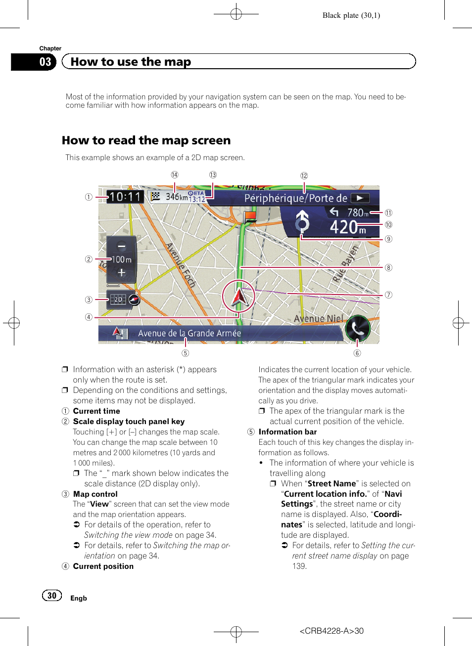 How to use the map how to read the map screen, How to read the map screen, 03 how to use the map | Pioneer AVIC-F850BT User Manual | Page 30 / 208