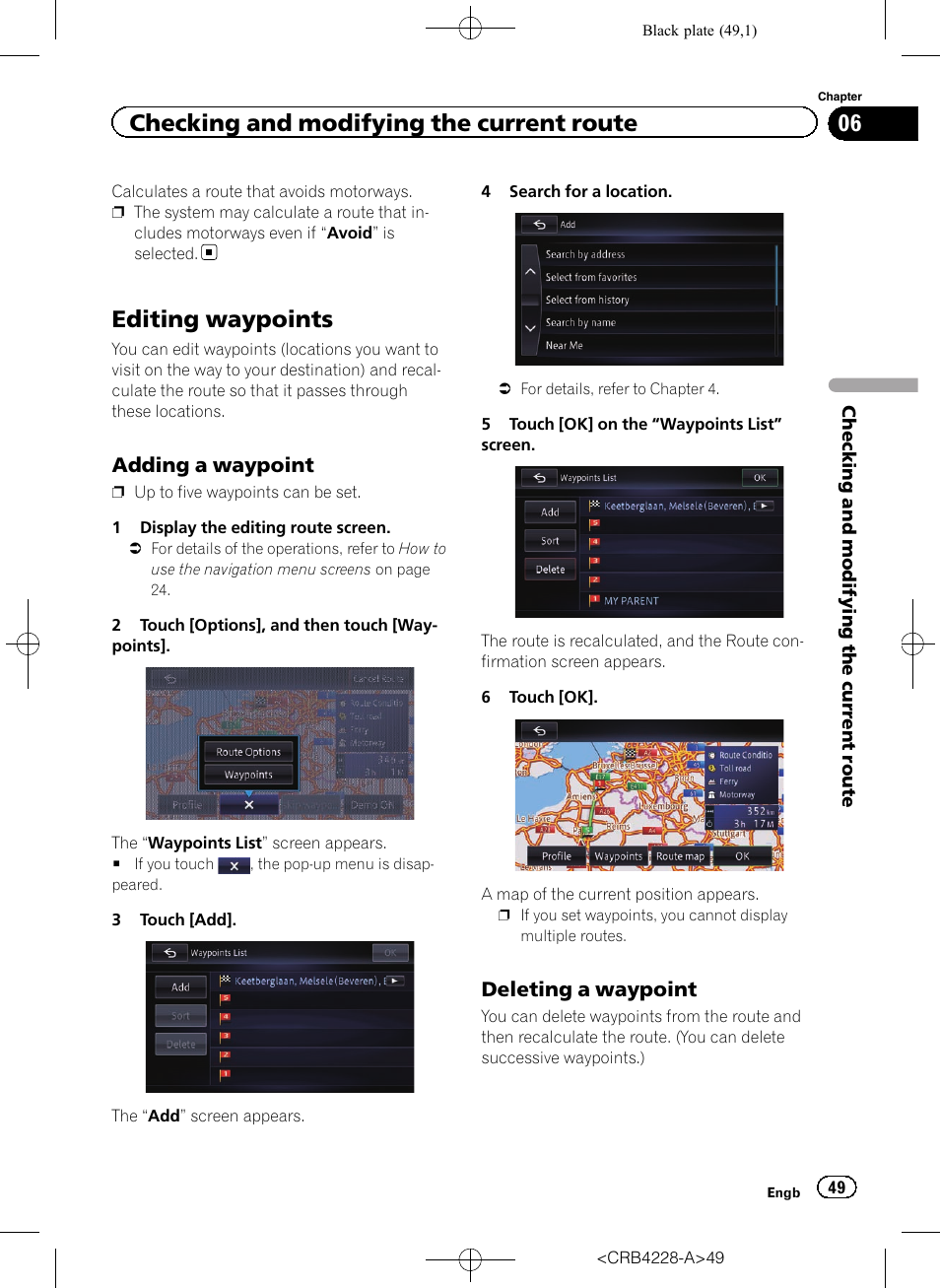 Editing waypoints, Adding a waypoint 49, Deleting a waypoint 49 | Editing waypoints on, Checking and modifying the current route, Adding a waypoint, Deleting a waypoint | Pioneer AVIC-F850BT User Manual | Page 49 / 208