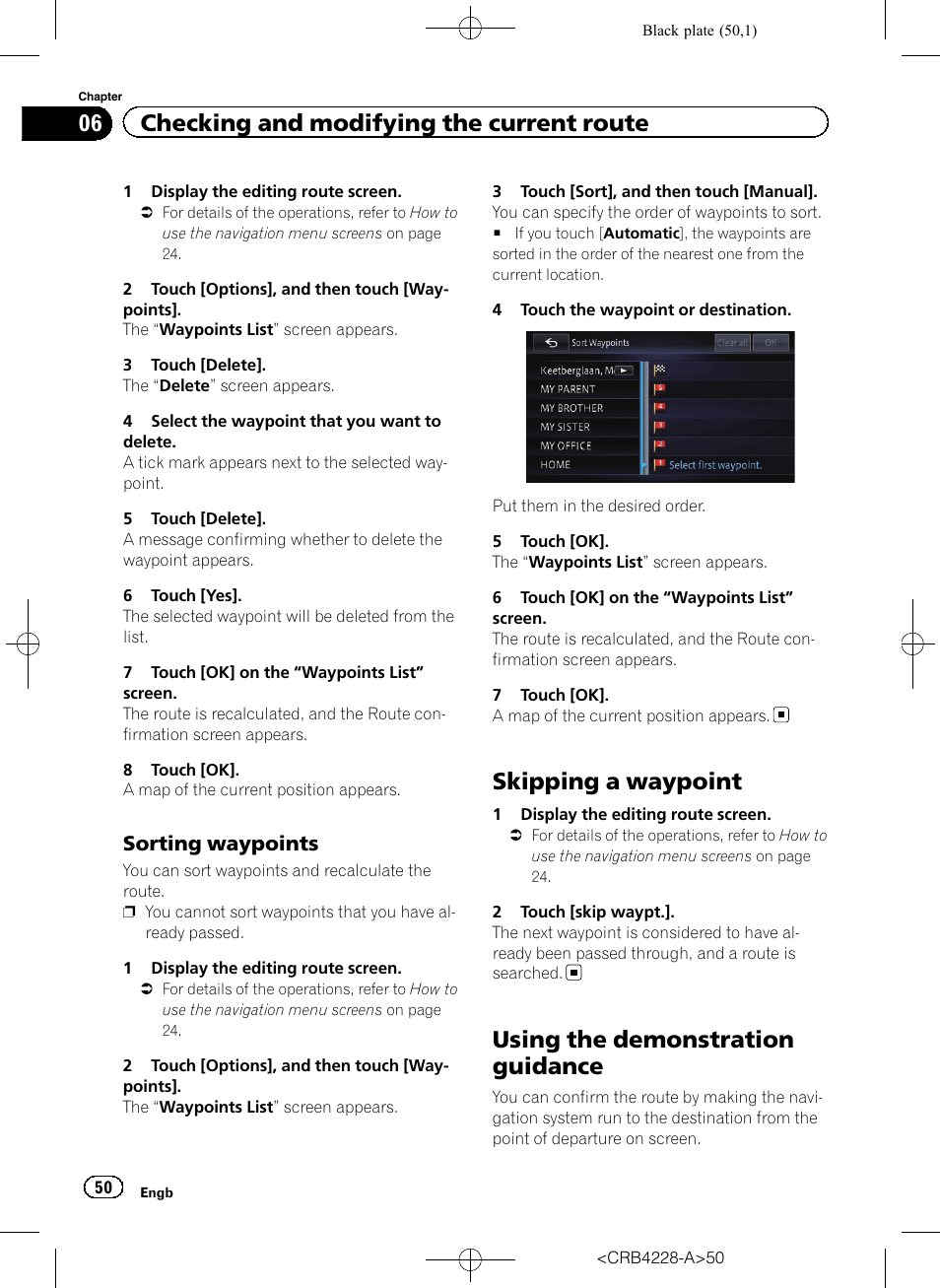 Sorting waypoints 50, Skipping a waypoint, Using the demonstration guidance | Using the demonstra, 06 checking and modifying the current route, Sorting waypoints | Pioneer AVIC-F850BT User Manual | Page 50 / 208