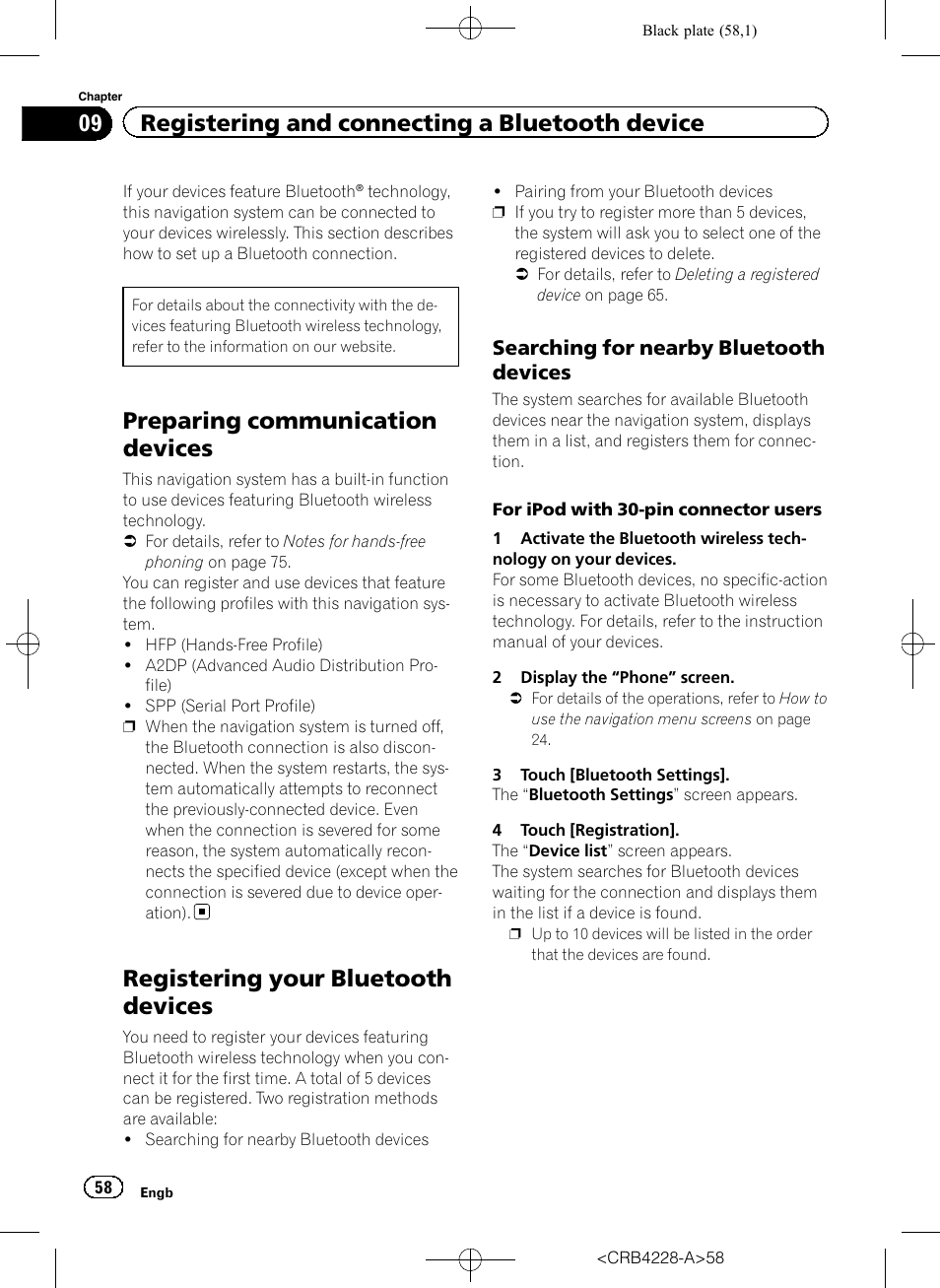 Registering your bluetooth devices, Searching for nearby bluetooth, Devices | Preparing communication devices, 09 registering and connecting a bluetooth device, Searching for nearby bluetooth devices | Pioneer AVIC-F850BT User Manual | Page 58 / 208