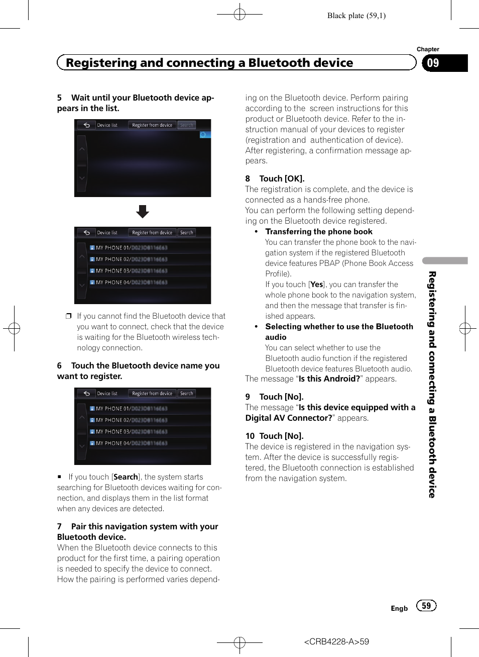 Registering and connecting a bluetooth device | Pioneer AVIC-F850BT User Manual | Page 59 / 208