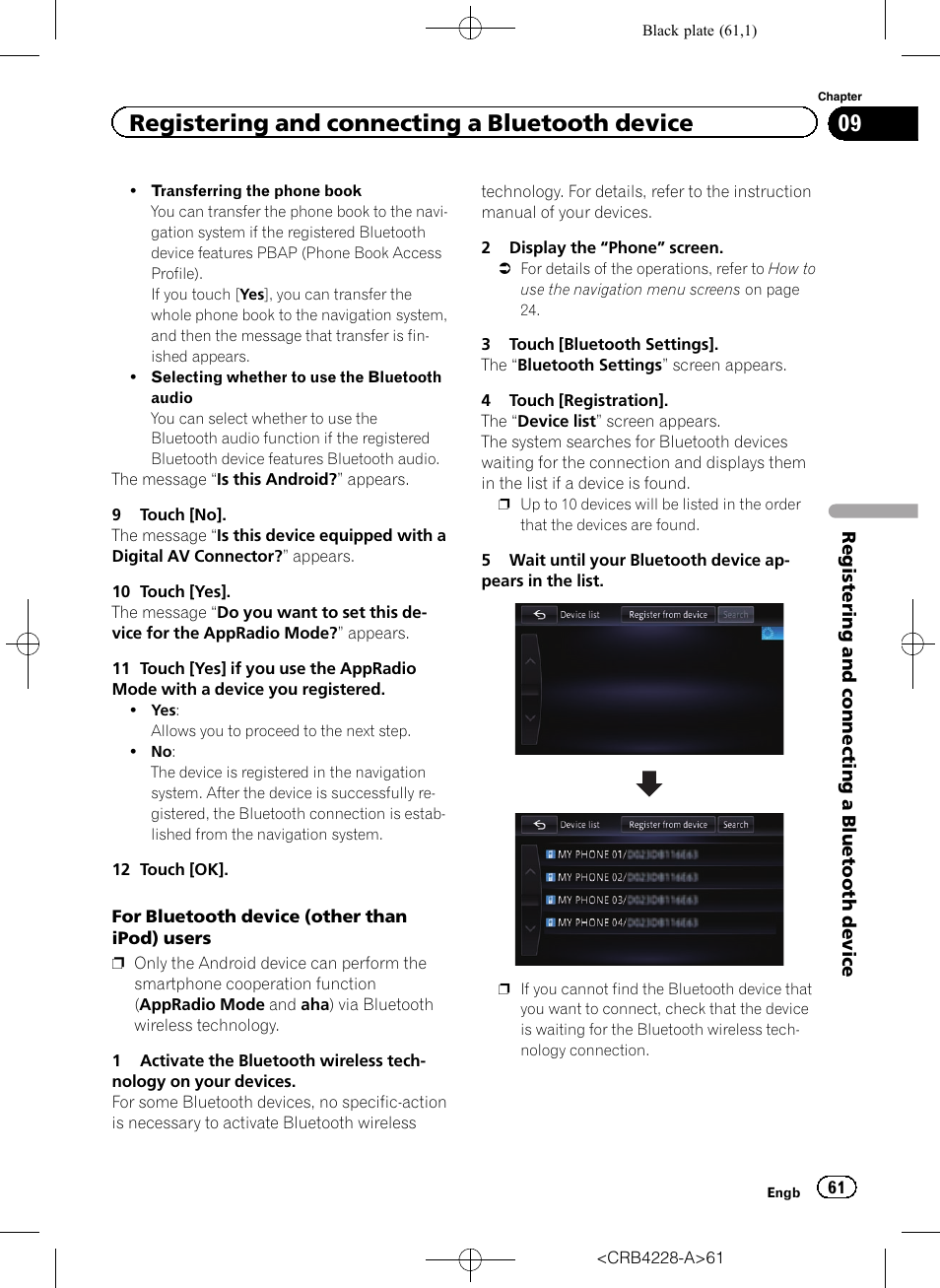 Registering and connecting a bluetooth device | Pioneer AVIC-F850BT User Manual | Page 61 / 208