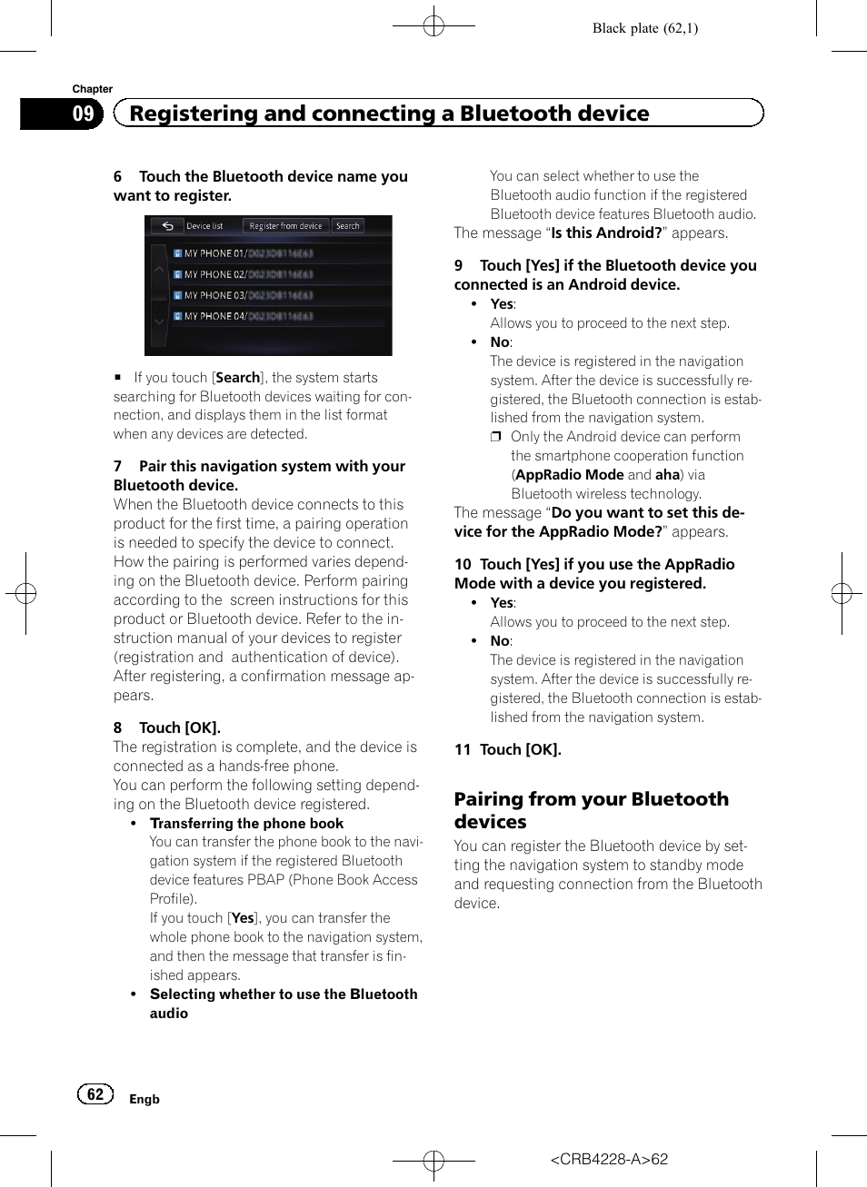 Pairing from your bluetooth, Devices, 09 registering and connecting a bluetooth device | Pairing from your bluetooth devices | Pioneer AVIC-F850BT User Manual | Page 62 / 208