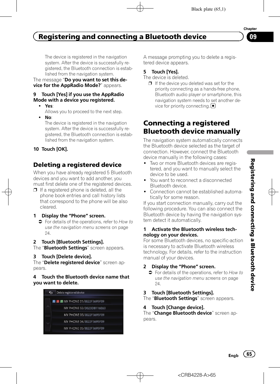 Deleting a registered device 65, Connecting a registered bluetooth device, Manually | Deleting a registered, Connecting a registered bluetooth device manually, Registering and connecting a bluetooth device, Deleting a registered device | Pioneer AVIC-F850BT User Manual | Page 65 / 208