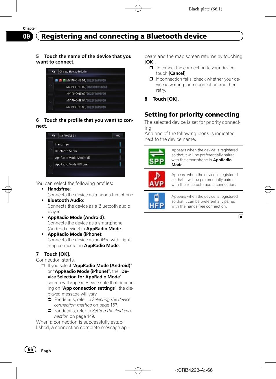 Setting for priority connecting 66, 09 registering and connecting a bluetooth device, Setting for priority connecting | Pioneer AVIC-F850BT User Manual | Page 66 / 208