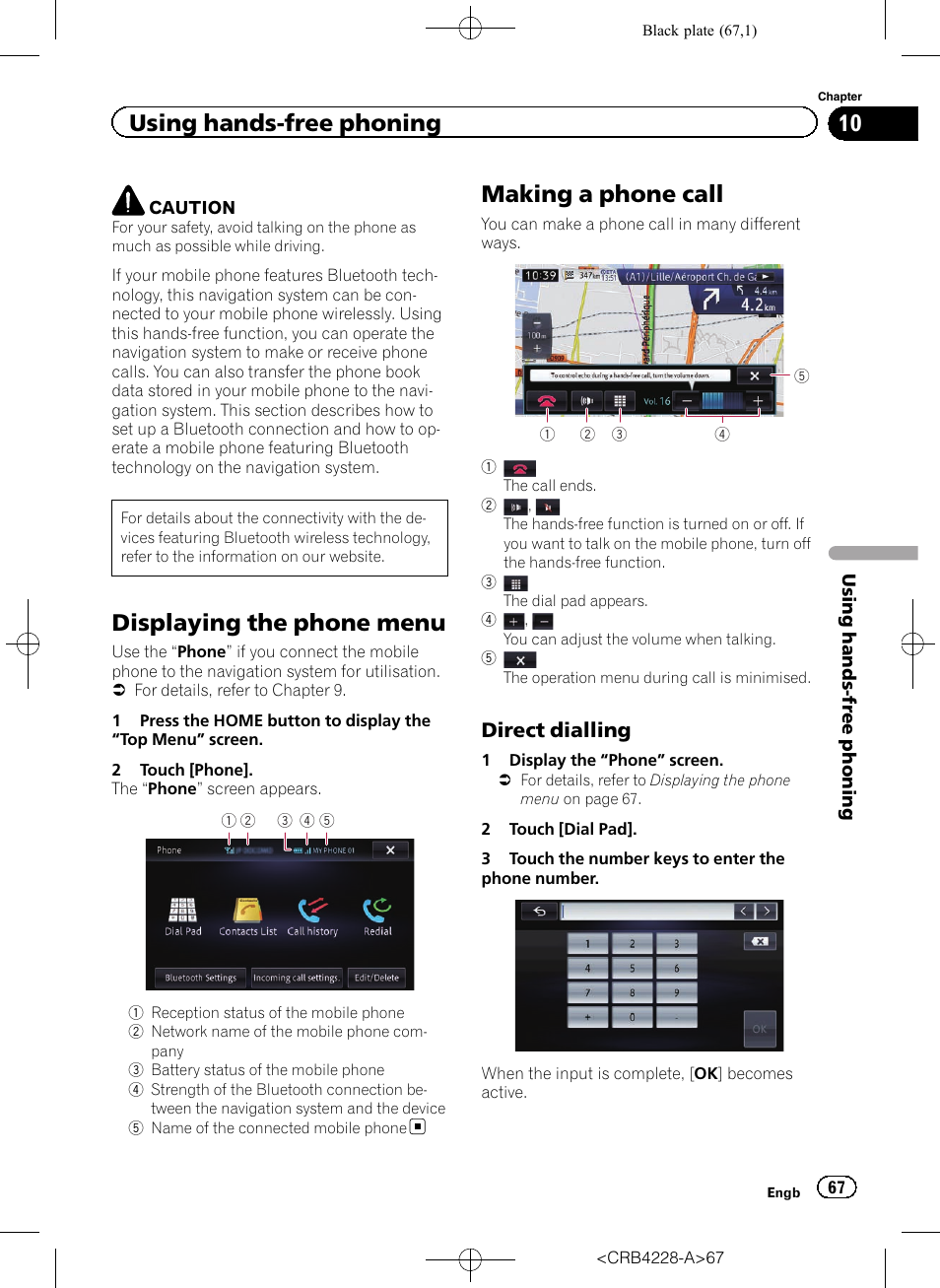 Using hands-free phoning displaying the phone menu, Making a phone call, Direct dialling 67 | Displaying the phone, Displaying the phone menu, Using hands-free phoning, Direct dialling | Pioneer AVIC-F850BT User Manual | Page 67 / 208