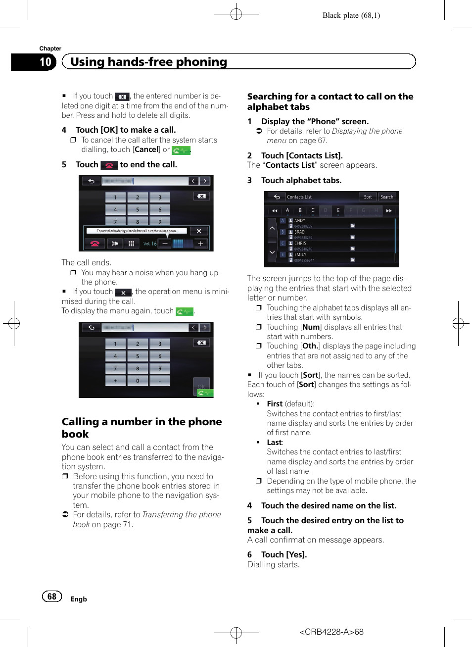 Calling a number in the phone, Book, 10 using hands-free phoning | Calling a number in the phone book | Pioneer AVIC-F850BT User Manual | Page 68 / 208