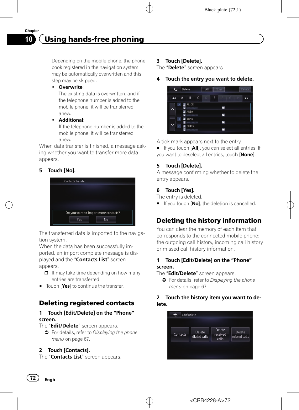 Deleting registered contacts 72, Deleting the history information 72, 10 using hands-free phoning | Deleting registered contacts, Deleting the history information | Pioneer AVIC-F850BT User Manual | Page 72 / 208